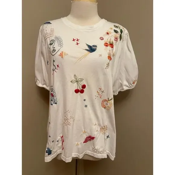 Johnny Was Averi Relaxed Tee Embroidered Red Floral Bee Sz Small - Picture 2 of 8